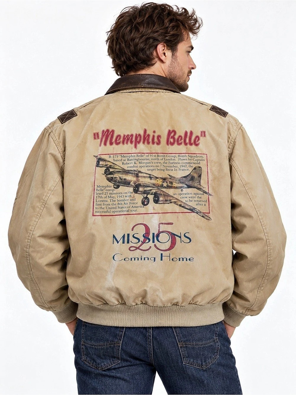 Vintage Avirex Leather Collar Memphis Belle Flight Jacket Tan Air Force XL
